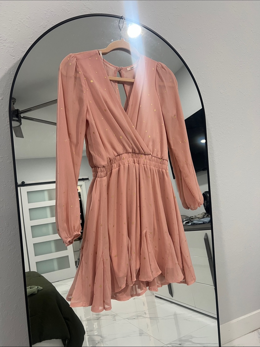 miami Blush Pink Long-Sleeve Wrap Dress with Gold Dot Detail